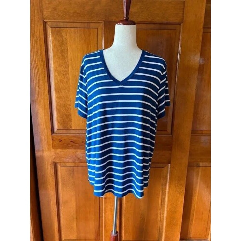 Blue & White Striped Short Sleeves V-Neck Top